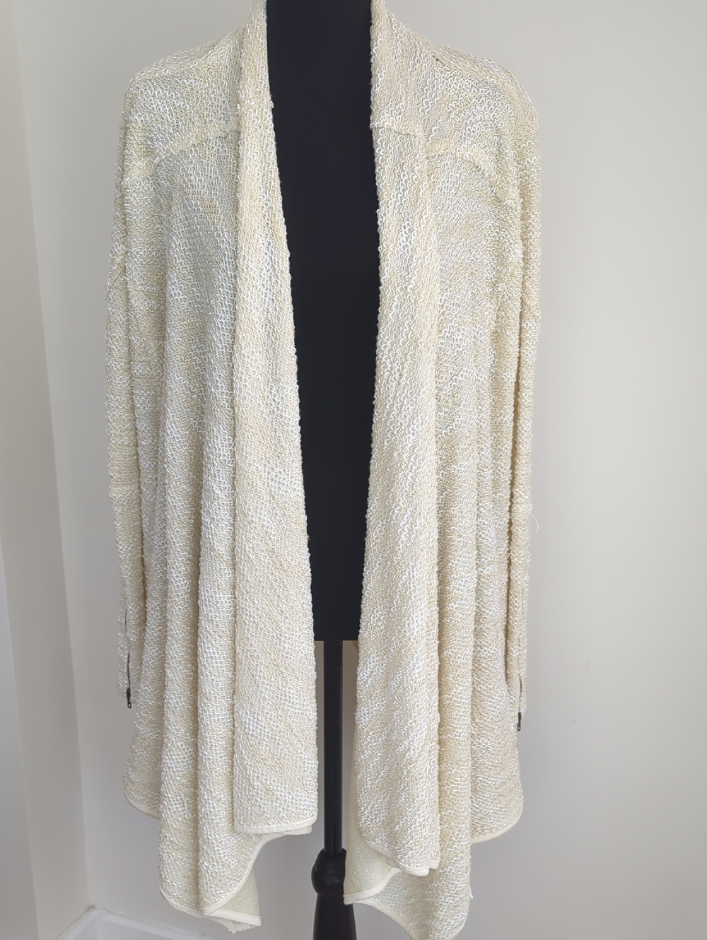 Miami Duster Bouclé Textured Open Knit Draped Asymmetrical Cardigan Cream LARGE